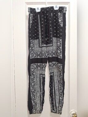 Blue Pepper Boho Black White Print Rayon Jogger Pants Women's Size S